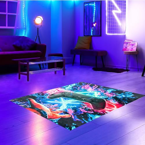 CARPETIA Teppich Gamerzimmer waschbar kurzflor pflegeleicht schwebender Kontroller mit leuchtenden Symbolen in bunt, 100 x 150 cm von CARPETIA