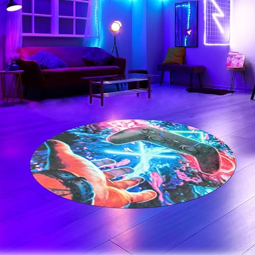 CARPETIA Teppich Gamerzimmer waschbar kurzflor pflegeleicht schwebender Kontroller mit leuchtenden Symbolen in bunt, 160 cm Rund von CARPETIA