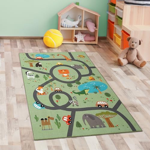 CARPETIA Teppich Kinderteppich Spielteppich Kinderzimmer Läufer modern rutschfest waschbar pflegeleicht Safari Straßenteppich grün 80 x 150 cm von CARPETIA