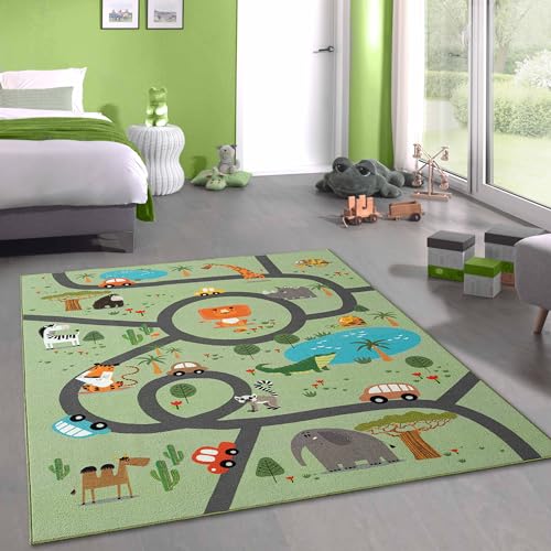 CARPETIA Teppich Kinderteppich Spielteppich Kinderzimmer modern rutschfest waschbar pflegeleicht Safari Straßenteppich grün 100 x 200 cm von CARPETIA