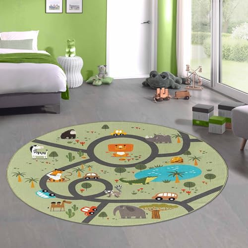 CARPETIA Teppich Kinderteppich Spielteppich Kinderzimmer modern rutschfest waschbar pflegeleicht Safari Straßenteppich grün 200 cm RUND von CARPETIA