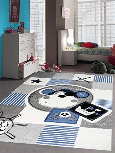 CARPETIA Teppich Kinderzimmer Babyzimmer Jungen AFFE Pirat blau crème grau schwarz Größe 120 cm Rund von CARPETIA