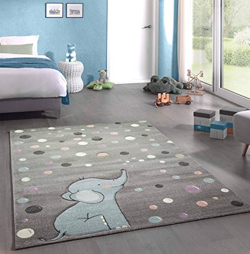 CARPETIA Teppich Kinderzimmer Elefant Punkte Seifenblasen grau blau Größe 120x170 cm von CARPETIA