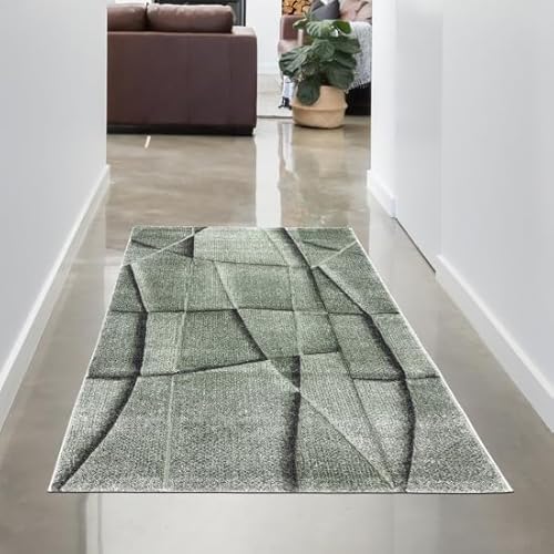 CARPETIA Teppich Läufer Flur Wohnzimmer Schlafzimmer grün geometrisch weich modern pflegeleicht langlebig Konturenschnitt 3D-Effekt 80 x 150 cm von CARPETIA