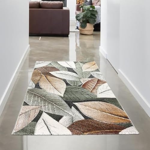 CARPETIA Teppich Läufer Flur Wohnzimmer grün beige mit Blättermuster weich modern pflegeleicht langlebig Konturenschnitt 3D-Effekt 80 x 150 cm von CARPETIA