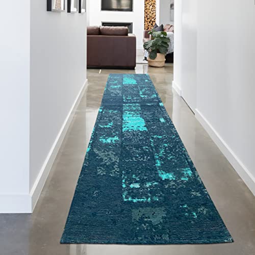 CARPETIA Teppich Läufer Gang Vintage Abstraktes Muster Fußbodenheizungsgeeignet Kurzflor | blau weiß grau, 80 x 300 cm von CARPETIA