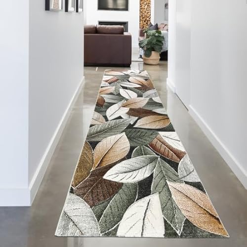 CARPETIA Teppich Läufer lang Flur Wohnzimmer Schlafzimmer grün beige mit Blättermuster weich modern pflegeleicht langlebig Konturenschnitt 3D-Effekt 80 x 300 cm von CARPETIA