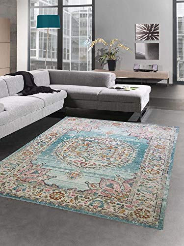 CARPETIA Teppich Outdoor Orientteppich Wohnzimmerteppich Ornamente in blau Creme Größe 160x230 cm von CARPETIA