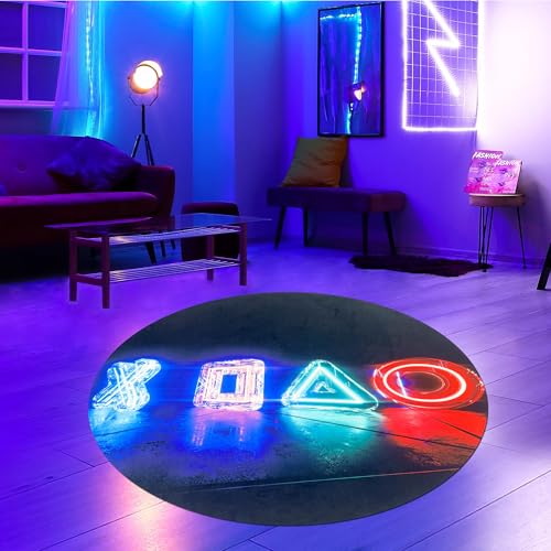 CARPETIA Teppich Rund Gaming-Bereich rutschfest leuchtendes Neon-Design pflegeleicht Jugendzimmer Wohnzimmer Dekor auffällige Farben angenehmes Laufgefühl in Schwarz & Neonfarben 80 cm Rund von CARPETIA
