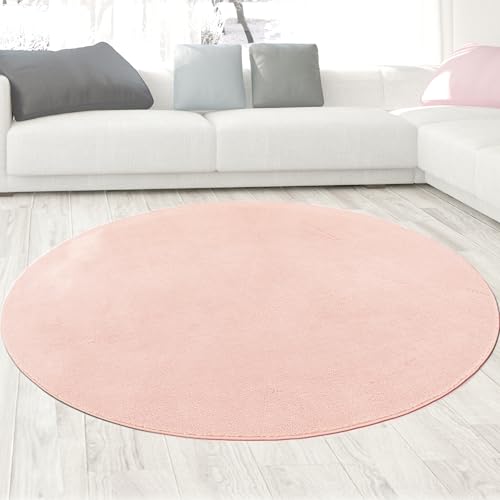 CARPETIA Teppich Schlafzimmer Kinderzimmer romantischer Look gemütlich weich pflegeleicht dekorativ hochwertig kompatibel mit Bodenerwärmung wohnlich designstark vielseitig rosa 120 cm Rund von CARPETIA