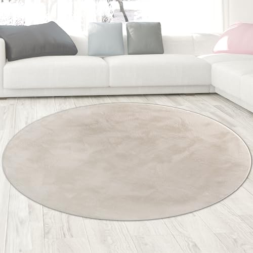 CARPETIA Teppich Wohn- und Schlafbereich Moderner Kurzflorteppich Felloptik samtweich angenehm glänzend pflegeleicht modern einfarbig Creme 120 cm rund von CARPETIA