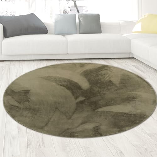 CARPETIA Teppich Wohn- und Schlafbereich Moderner Kurzflorteppich Felloptik samtweich angenehm glänzend pflegeleicht modern einfarbig grün 160 cm rund von CARPETIA