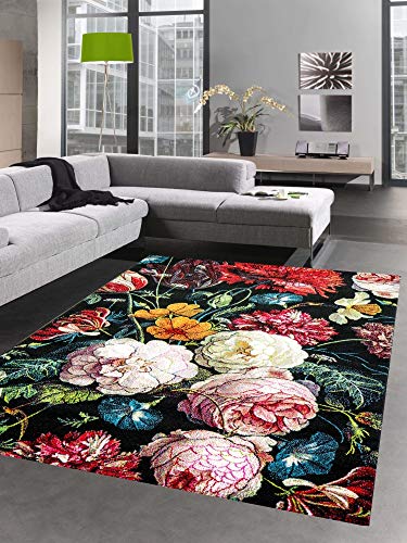 CARPETIA Teppich Wohnzimmer Designerteppich Blumen Herbstblumen Blumenstrauß schwarz rot Größe 120x170 cm von CARPETIA