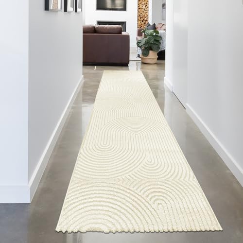 CARPETIA Teppich Wohnzimmer Flurläufer Eingangsbereich Flur Diele 3D-Effekt kuschelig Saugroboter geeignet Bogenmuster in Creme, 80 x 300 cm von CARPETIA