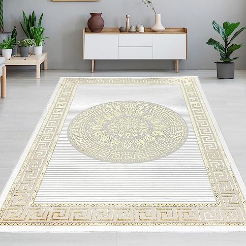 CARPETIA Teppich Wohnzimmer Gästezimmer Kurzflor orientalisch elegant edel Ornamente Glanzeffekt Mäander Creme Gold 140 x 200 cm von CARPETIA