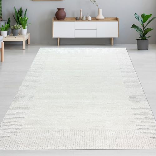 CARPETIA Teppich Wohnzimmer Kinderzimmerteppich Gästezimmer 3D-Effekt pflegeleicht Strichemuster in Creme, 200 x 290 cm von CARPETIA