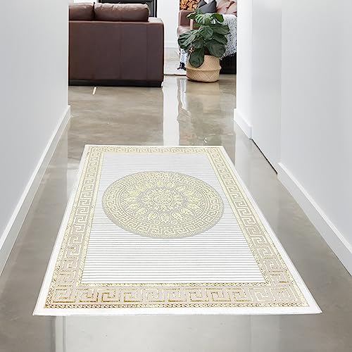 CARPETIA Teppich Wohnzimmer Kurzflor Flur Bezaubernde Ornamente Diele Läufer Mäander kurz orientalisch glänzend Creme Gold 60 x 110 cm von CARPETIA