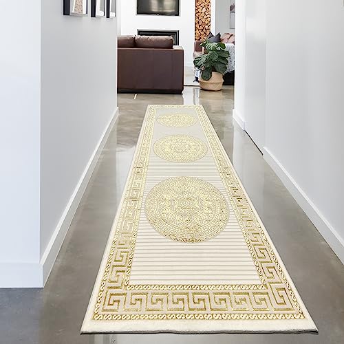 CARPETIA Teppich Wohnzimmer Kurzflor Flur Bezaubernde Ornamente Diele Läufer Mäander kurz orientalisch glänzend Creme Gold 80 x 300 cm von CARPETIA