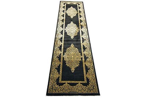 CARPETIA Teppich Wohnzimmer Kurzflor Teppich Ornamente schwarz Gold Größe 80 x 300 cm von CARPETIA