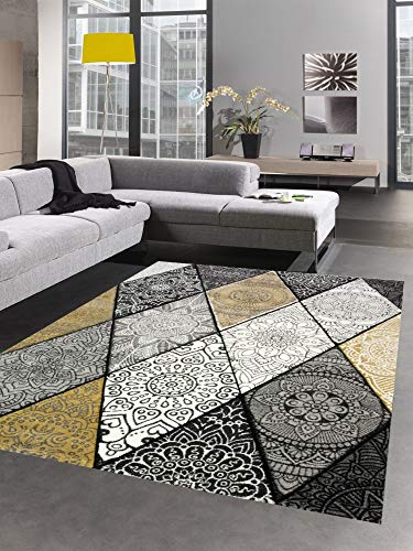 CARPETIA Teppich Wohnzimmer Rauten und Ornamente grau senfgelb Creme Größe 120x170 cm von CARPETIA