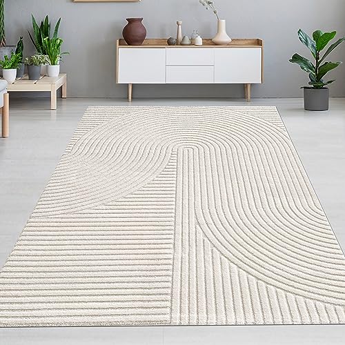 CARPETIA Teppich Wohnzimmer Schlafzimmer Designerteppich Hoch-Tief / 3D Effekt modern abstrakt weich Kurzflor Boho Creme 160 x 230 cm von CARPETIA