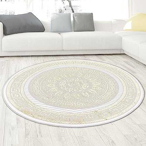 CARPETIA Teppich Wohnzimmer Schlafzimmer Kurzflor Kreisförmig edel Ornamente Glanzeffekt Mäander orientalisch bezaubernd Creme Gold 160 cm Rund von CARPETIA