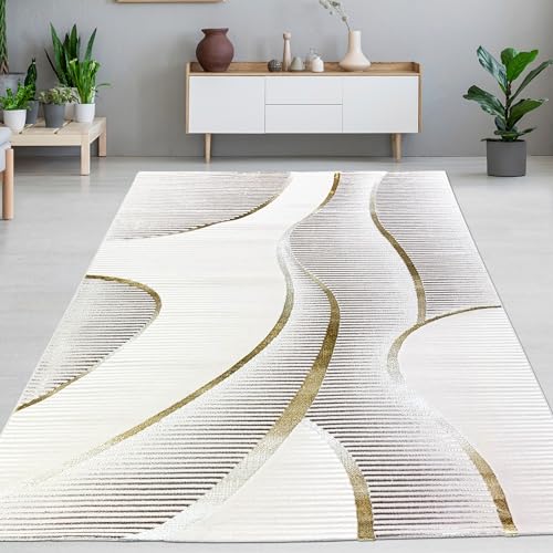 CARPETIA Teppich Wohnzimmer Schlafzimmer Kurzflor geschwungene Linien modern luxuriös elegant Glanzeffekt Creme Gold 240 x 340 cm von CARPETIA