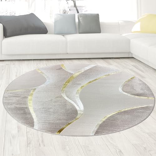 CARPETIA Teppich Wohnzimmer Schlafzimmer Kurzflor geschwungene Linien modern luxuriös elegant Glanzeffekt Creme Gold Rund 160 cm Rund von CARPETIA