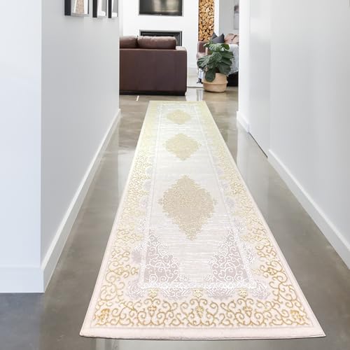 CARPETIA Teppich Wohnzimmer Schlafzimmer Ornamente glänzend Mäander Flur Läufer lang Kurzflor Orient elegant Creme Gold 100x300 cm von CARPETIA