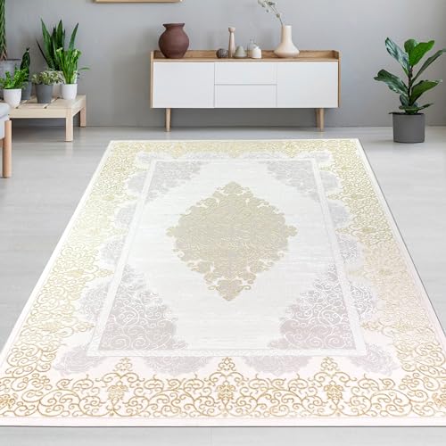 CARPETIA Teppich Wohnzimmer Schlafzimmer bezaubernd elegant edel glänzend Mäander Kurzflor Orient Ornamente Creme Gold 160x230 cm von CARPETIA
