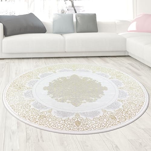 CARPETIA Teppich Wohnzimmer Schlafzimmer edel Ornamente glänzend Mäander Kurzflor Orient elegant Creme Gold 160 cm Rund von CARPETIA