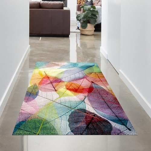 CARPETIA Teppich Wohnzimmerteppich Brücke Diele Eingangsbereich Dachboden leicht zu pflegen robust weich farbreich mit Blättermuster Mehrfarbig, 80 x 150 cm von CARPETIA