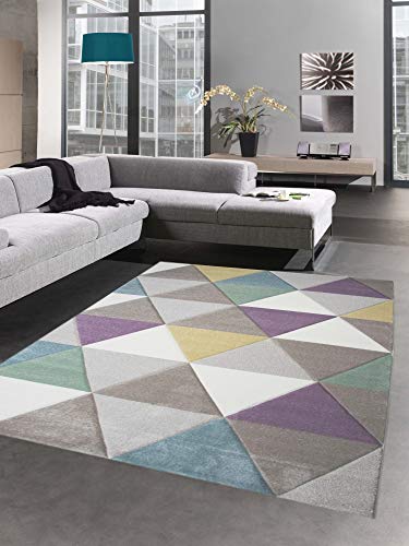 CARPETIA Teppich Wohnzimmerteppich Dreieck lila blau grün grau Creme Größe 200 x 290 cm von CARPETIA