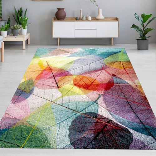 CARPETIA Teppich Wohnzimmerteppich Schlafzimmer Arbeitszimmer Essbereich leicht zu pflegen robust weich farbreich mit Blättermuster Mehrfarbig, 140 x 200 cm von CARPETIA