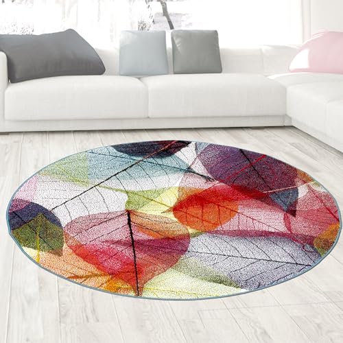 CARPETIA Teppich Wohnzimmerteppich Schlafzimmer Arbeitszimmer Essbereich leicht zu pflegen robust weich farbreich mit Blättermuster Mehrfarbig, 80 cm Rund von CARPETIA