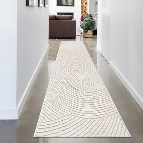 CARPETIA Teppich Wohnzimmerteppich Teppichläufer Dachboden Gang Saugroboter geeignet Designer kuschelig Hoch-Tief-Effekt Wellenmuster in Creme, 80 x 300 cm von CARPETIA