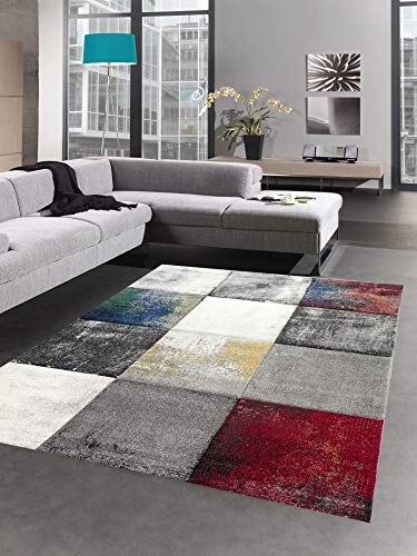 CARPETIA Teppich modern Teppich Wohnzimmer Karo grau gelb Gold rot blau Größe 80x150 cm von CARPETIA