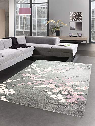 CARPETIA Teppich modern Wohnzimmerteppich Blumen rosa grau Größe 80x150 cm von CARPETIA