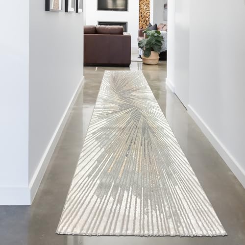 CARPETIA Weicher Teppich Läufer lang Flur Wohnzimmer Schlafzimmer Esszimmer modern hochwertig edel abstrakt glänzend Creme grau 80x300 cm von CARPETIA