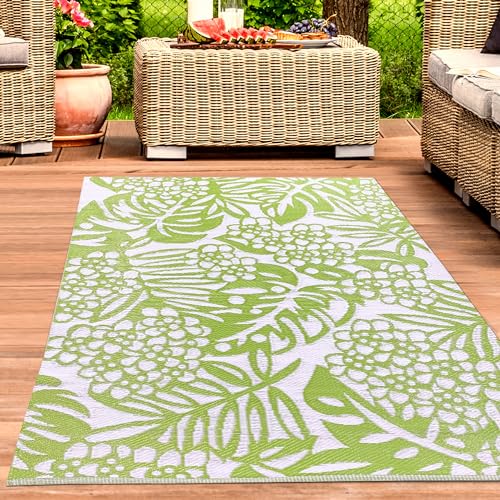 CARPETIA Wetterfester Outdoor Teppich Kunststoff leicht modern abwaschbar Garten Terrasse Balkon Camping Picknick Blätter hellgrün 240 x 340 cm von CARPETIA