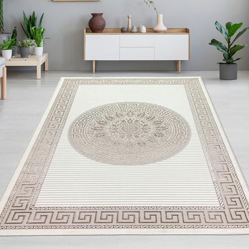 CARPETIA Wohnzimmer Schlafzimmer Designerteppich Kurzflorteppich modern edel Orient Glanzeffekt Ornamente Creme beige 200 x 290 cm von CARPETIA