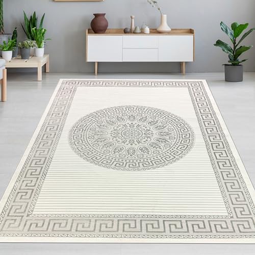 CARPETIA Wohnzimmer-Teppich Schlafzimmer Kurzflor orientalisch glänzend Flur Läufer lang elegant Creme grau 100x200 cm von CARPETIA