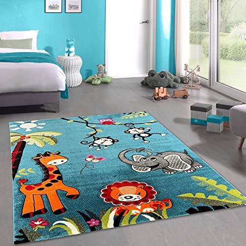 CARPETIA Zootier-Teppich für Kinderzimmer mit 3D-Effekt Konturenschnitt in blau-bunt Größe 120 x 170 cm von CARPETIA