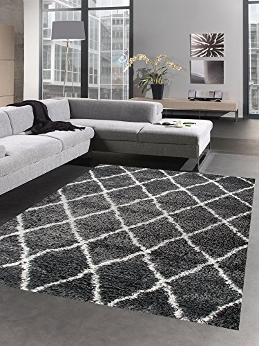 Carpetia Shaggy Teppich Wohnzimmerteppich Hochflor Langflor Rauten grau Creme Größe 200 x 290 cm von CARPETIA