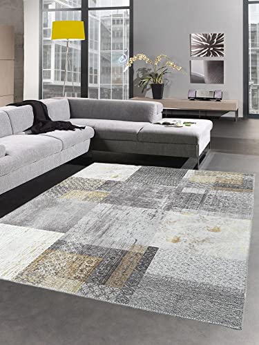 CARPETIA Eleganter moderner Teppich Quadrate orientalisch Gemustert Gold grau Größe 160x230 cm von CARPETIA