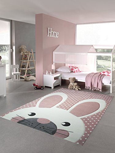 Kinderteppich Spielteppich Teppich Kinderzimmer Babyteppich Hase in Rosa Creme Grau Größe 200 x 290 cm von CARPETIA