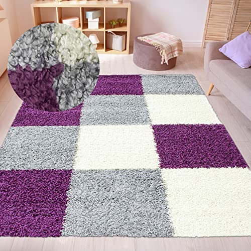 Moderner Hochflor Shaggy Teppich mit Karodesign lila grau Creme 200x290cm von CARPETIA