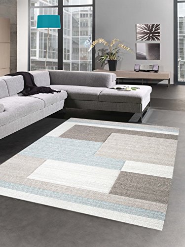 Moderner Teppich Kurzflor Wohnzimmerteppich Konturenschnitt Karo abstrakt pastell blau taupe Größe 80 x 300 cm von CARPETIA