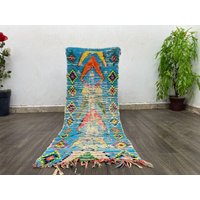 Wunderschöner Abstrakter Teppich Läufer - Blauer Vintage Azilal von CARPETSABDELHADI