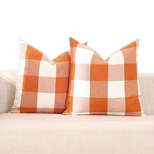 CARRIE HOME Fall Plaid Orange Kissenbezüge 50,8 x 50,8 cm 2 Stück Outdoor Herbst Karierte Kissen Orange Büffel Plaid Bauernhaus Kissenbezüge 50,8 x 50,8 cm, Boho Herbst Dekor für Outdoor Veranda und von CARRIE HOME